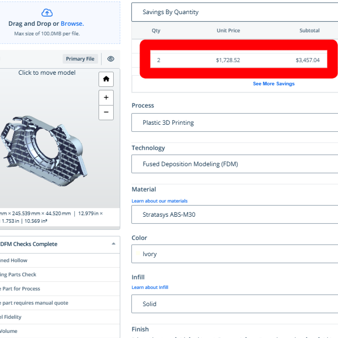 Marketplace quote screenshot for custom part