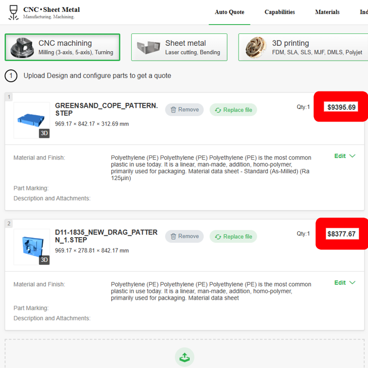Marketplace quote screenshot for custom part