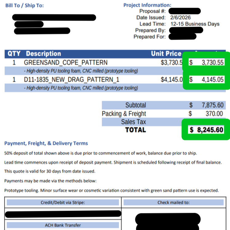 Relay Manufacturing quote screenshot for custom part