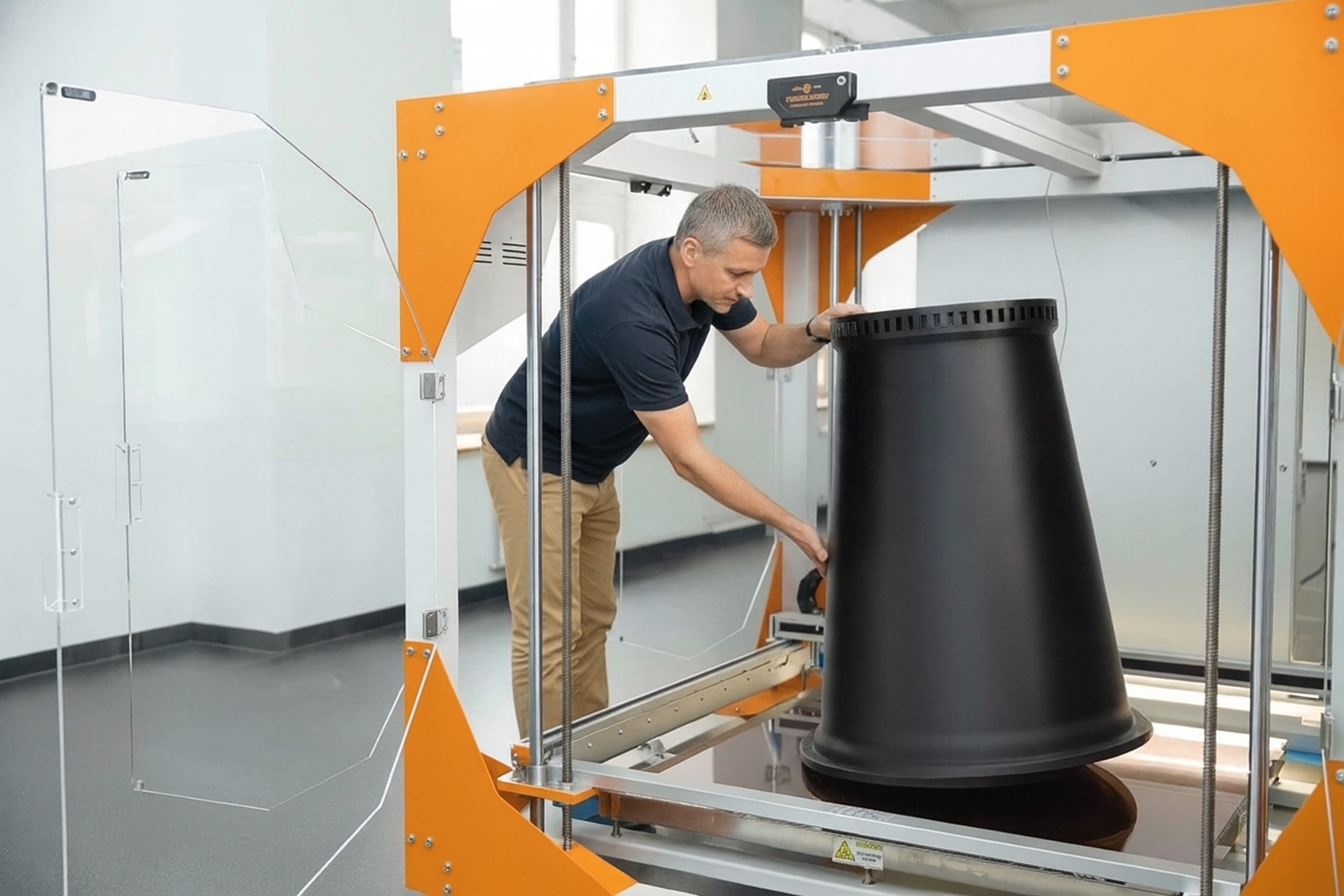 Technician removing a large-format 3D printed part from an industrial machine