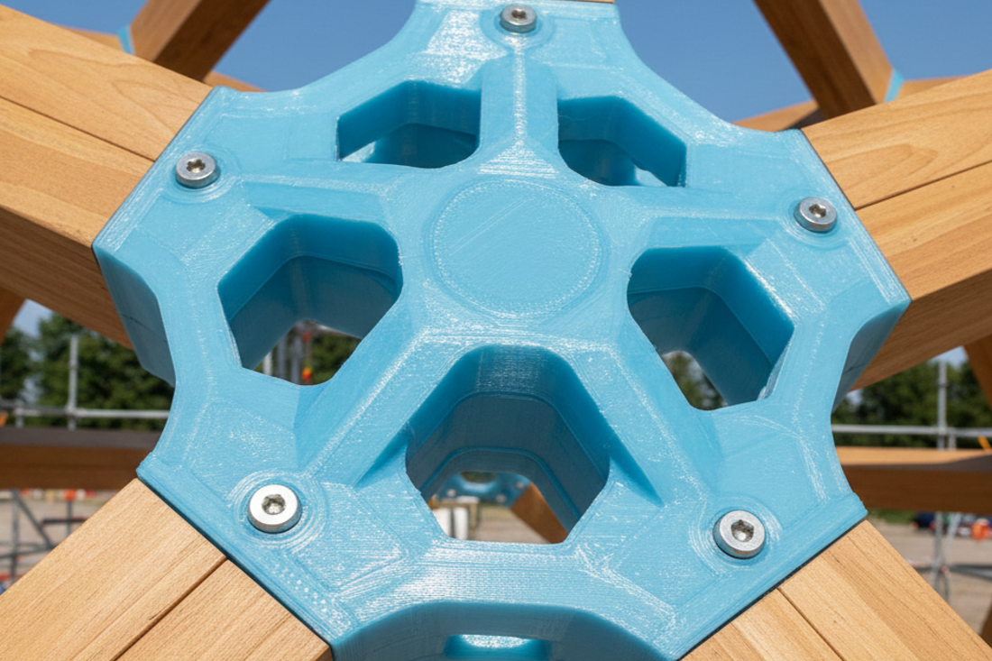 Large-format 3D printed structural connector installed outdoors